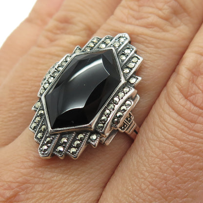 UNCAS 925 Sterling Silver Antique Black Onyx & Marcasite Gem Ring Size 7.5