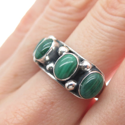 925 Sterling Silver Vintage Real Malachite Beaded Oxidized Ring Size 7.25