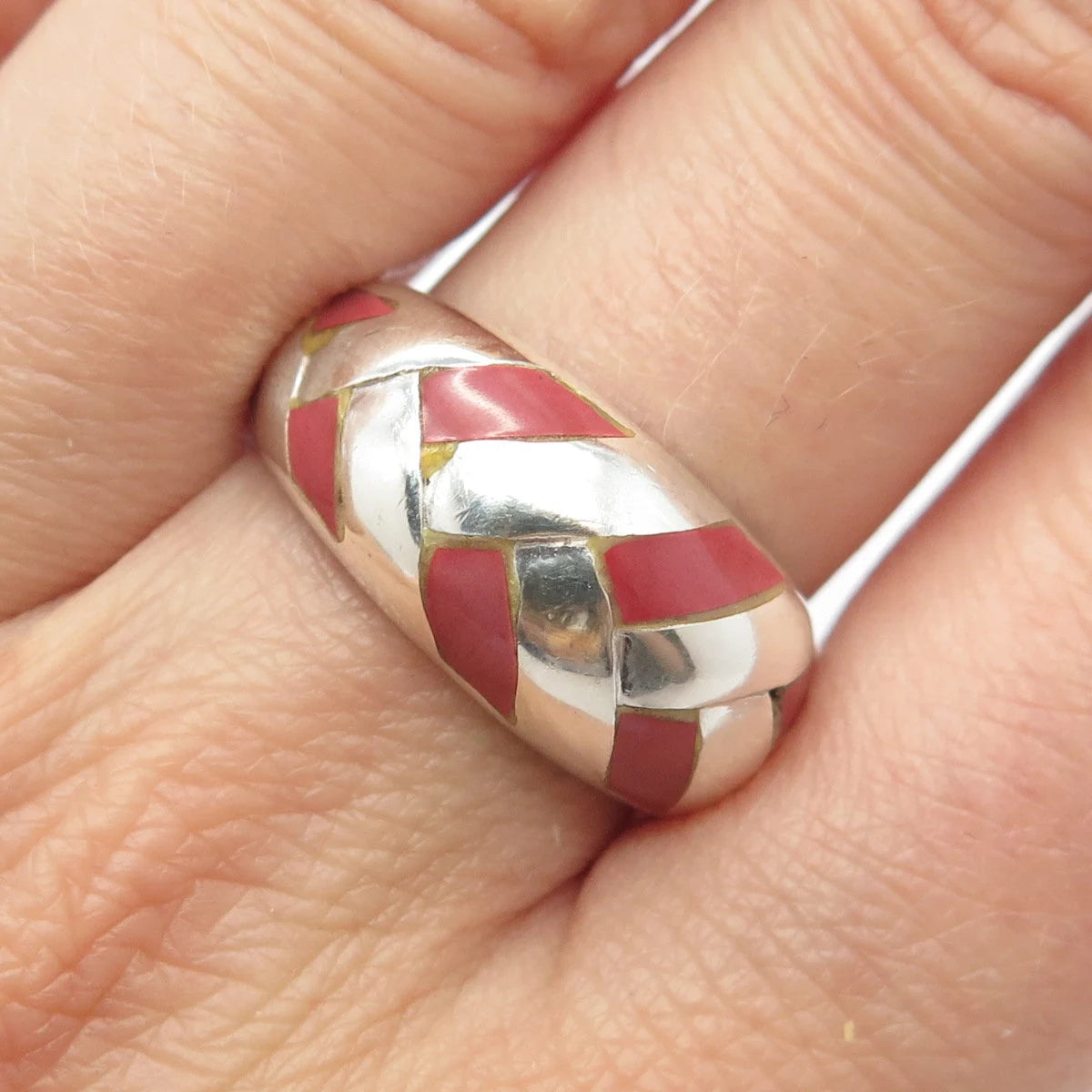 925 Sterling Silver Vintage Real Rhodochrosite Gemstone Wicker Ring Size 9