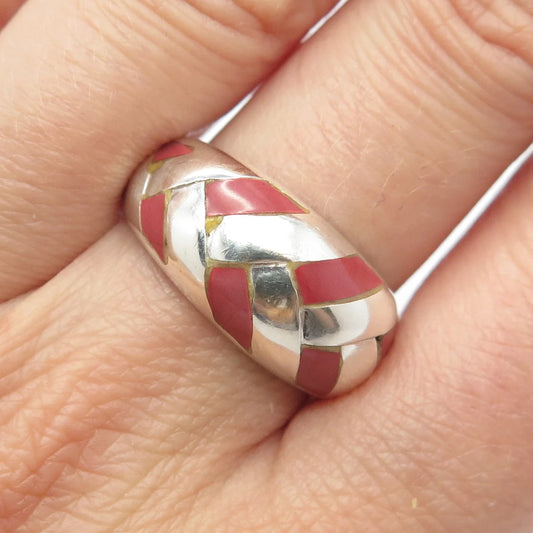925 Sterling Silver Vintage Real Rhodochrosite Gemstone Wicker Ring Size 9