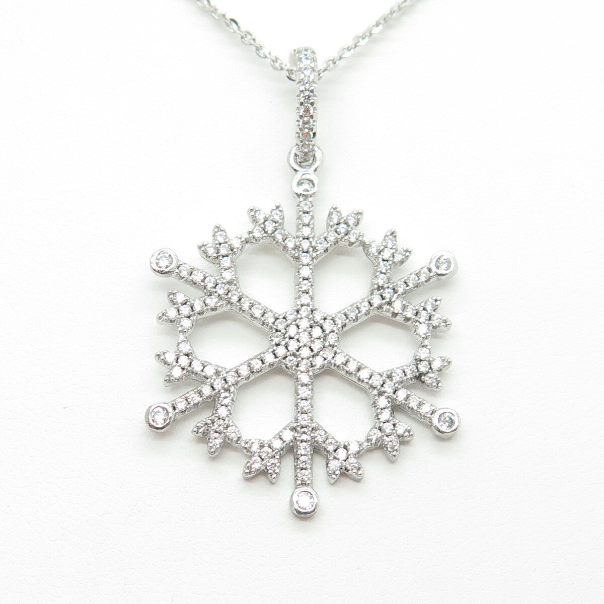 925 Sterling Silver Round-Cut C Z Snowflake Drop Cable Chain Necklace 16"