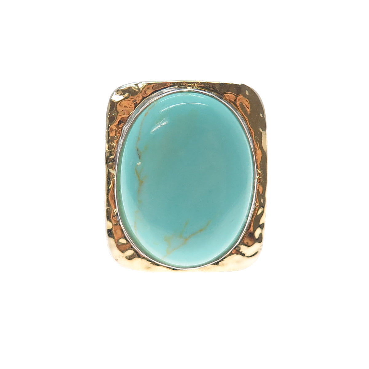 925 Sterling Silver 2-Tone Vintage Real Tyrone Turquoise Hammered Ring Size 6