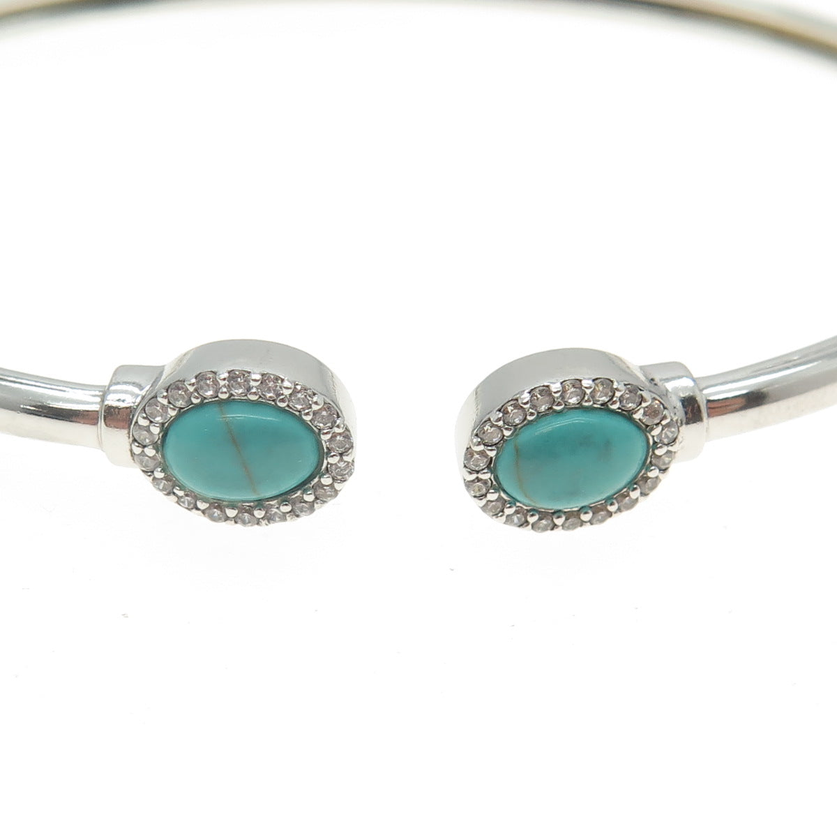 HAN 925 Sterling Silver Real Turquoise & C Z Adjustable Bangle Bracelet 7"