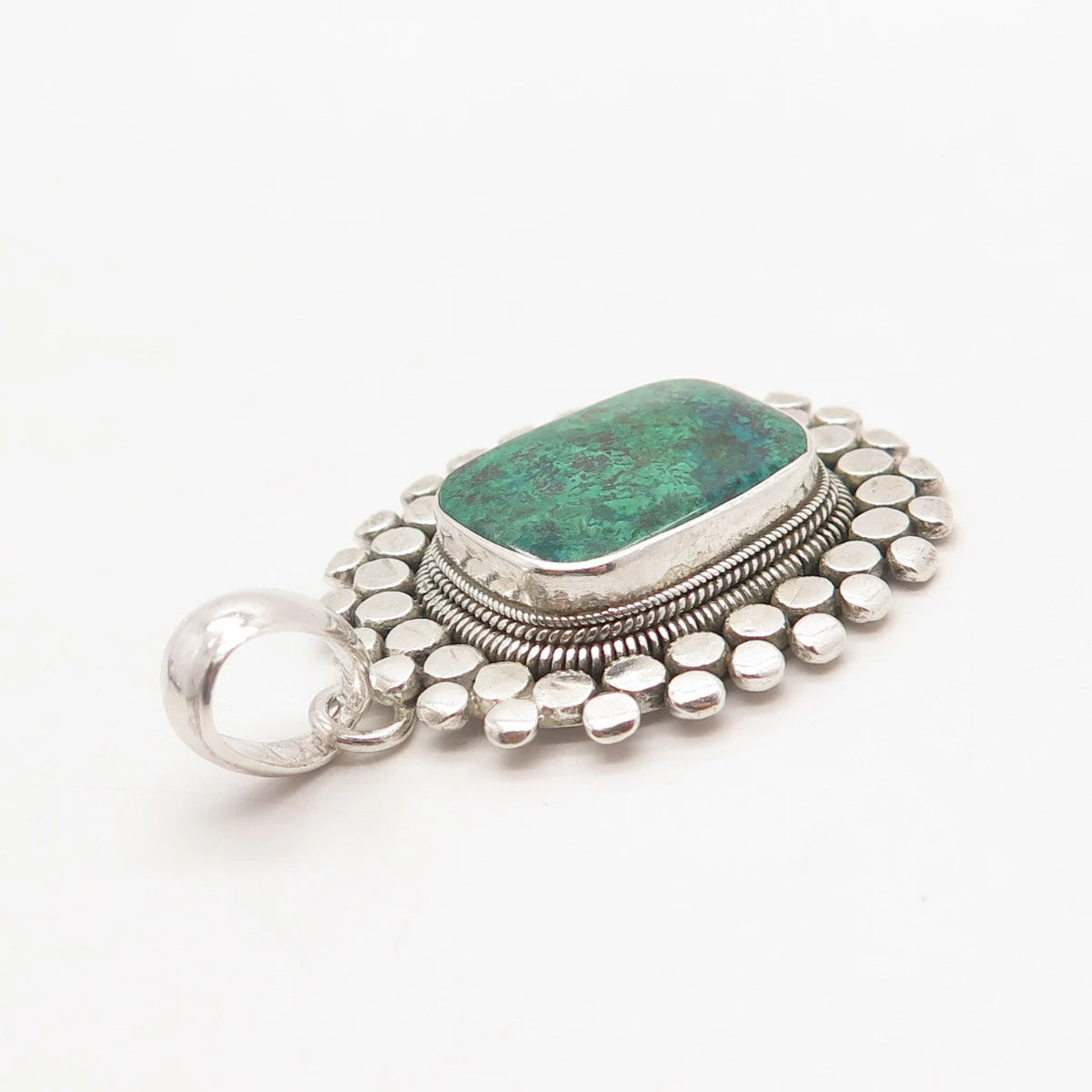 925 Sterling Silver Vintage Real Chrysocolla Gem Dotted Pendant