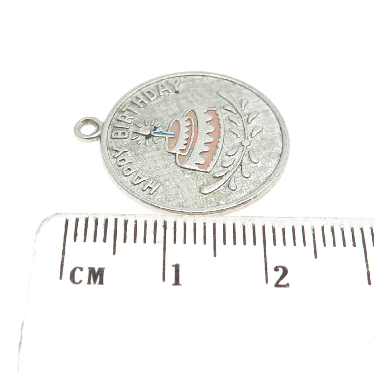 WELLS 925 Sterling Silver Vintage Enamel Engraved Happy Birthday Cake Pendant