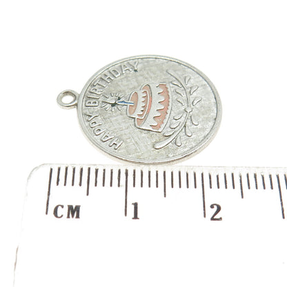 WELLS 925 Sterling Silver Vintage Enamel Engraved Happy Birthday Cake Pendant