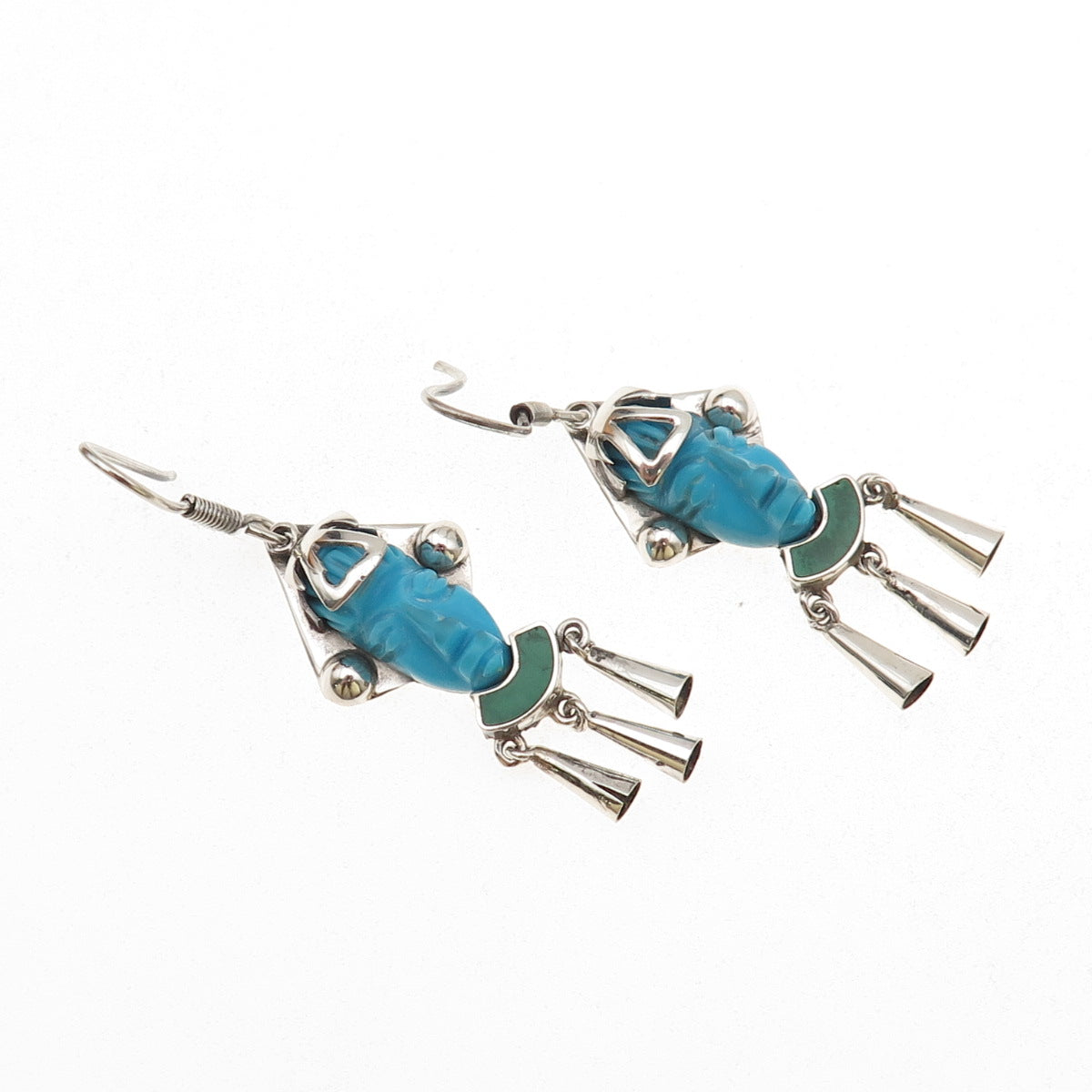 925 Sterling Silver Vintage Mexico Real Turquoise & Malachite Aztec God Earrings