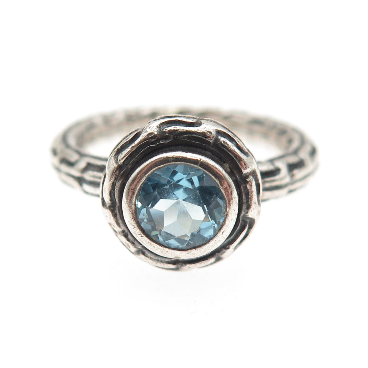 SAJEN 925 Sterling Silver Vintage Real Blue Topaz Modernist Oxidized Ring Size 6