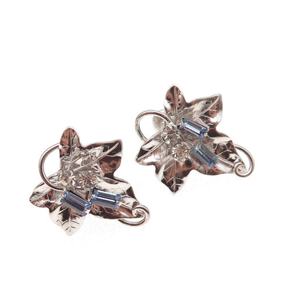 Carl Art 925 Sterling Vintage Blue & White Rhinestone Floral Screw Back Earrings