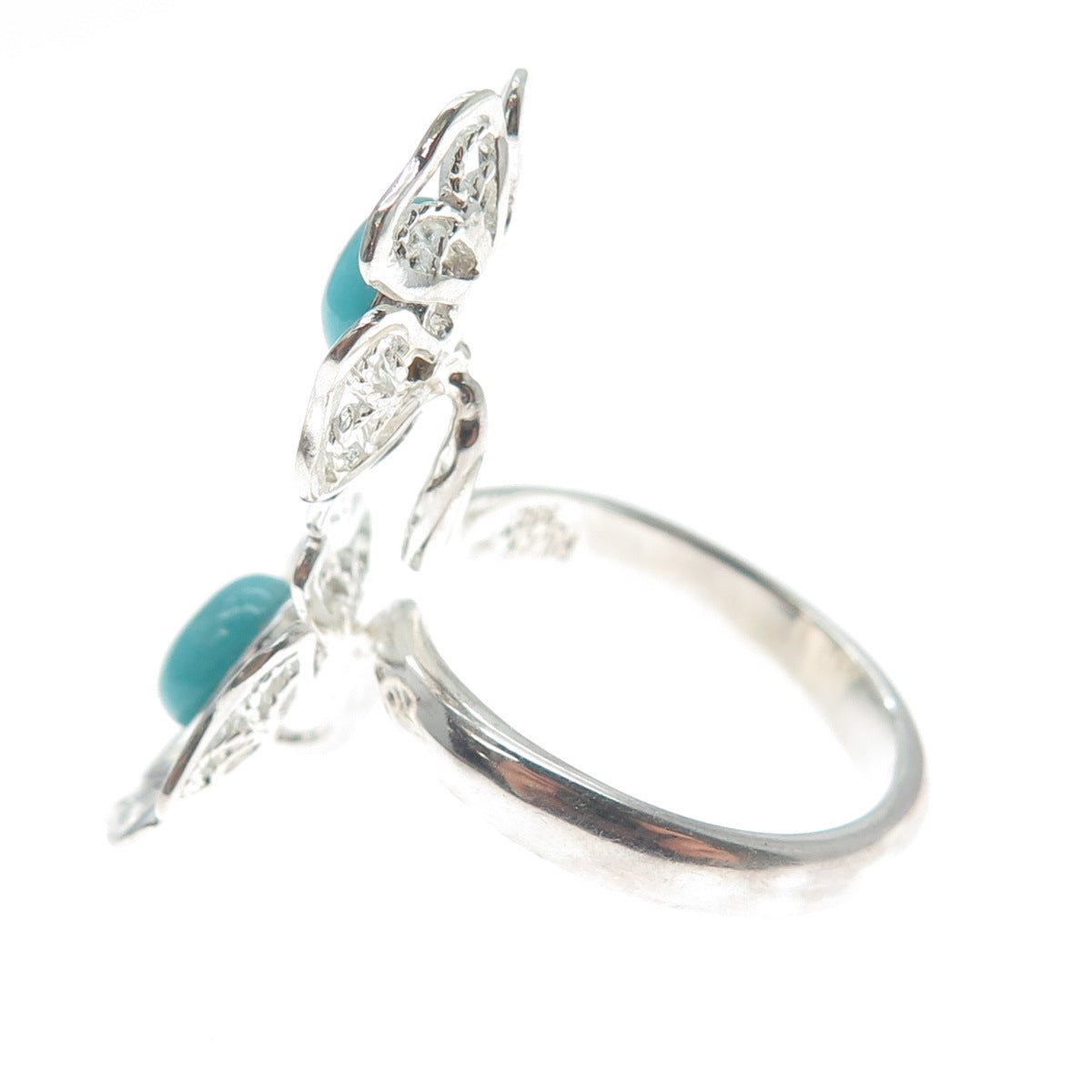 RIDER 950 Silver Vintage Real Turquoise Flower Blossom Bypass Ring Size 7