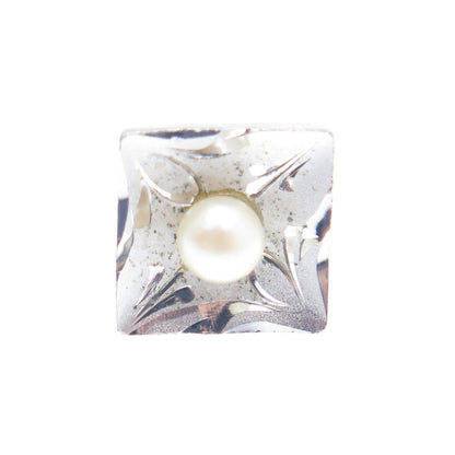 925 Sterling Silver Vintage Real Pearl Engraved Square Lapel Pin