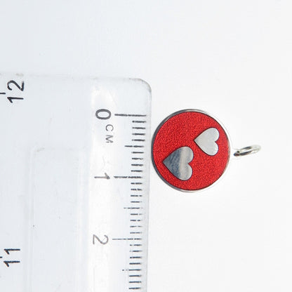 925 Sterling Silver Red Enamel Couple Hearts Round Tag Minimalist Charm Pendant