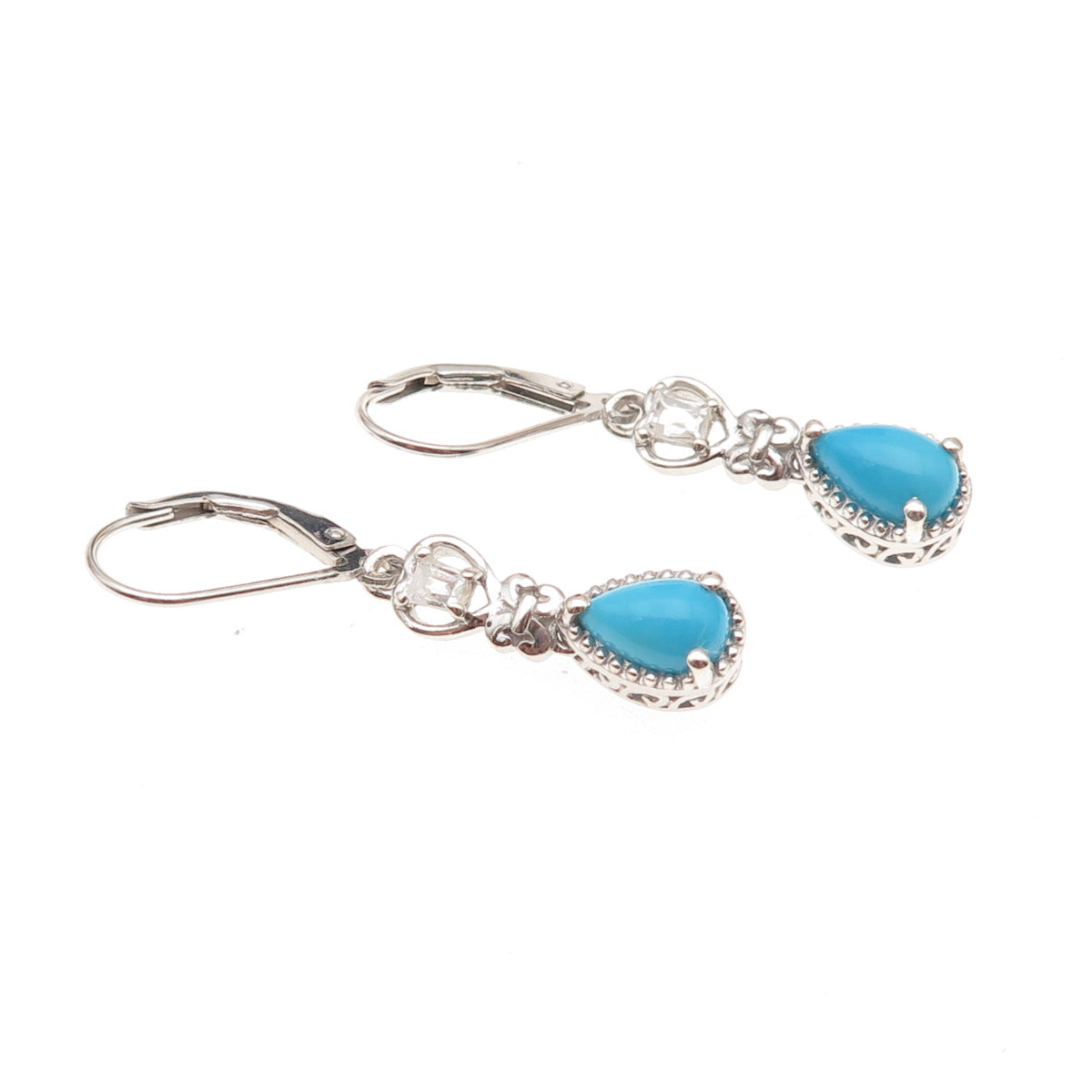 Chuck Clemency 925 Sterling Silver Real Turquoise & White Topaz Dangle Earrings