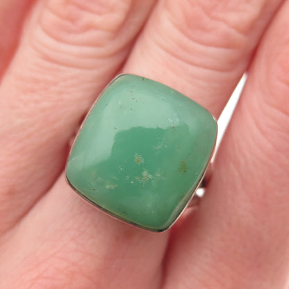 925 Sterling Silver Vintage Real Cushion-Cut Chrysoprase Ring Size 8