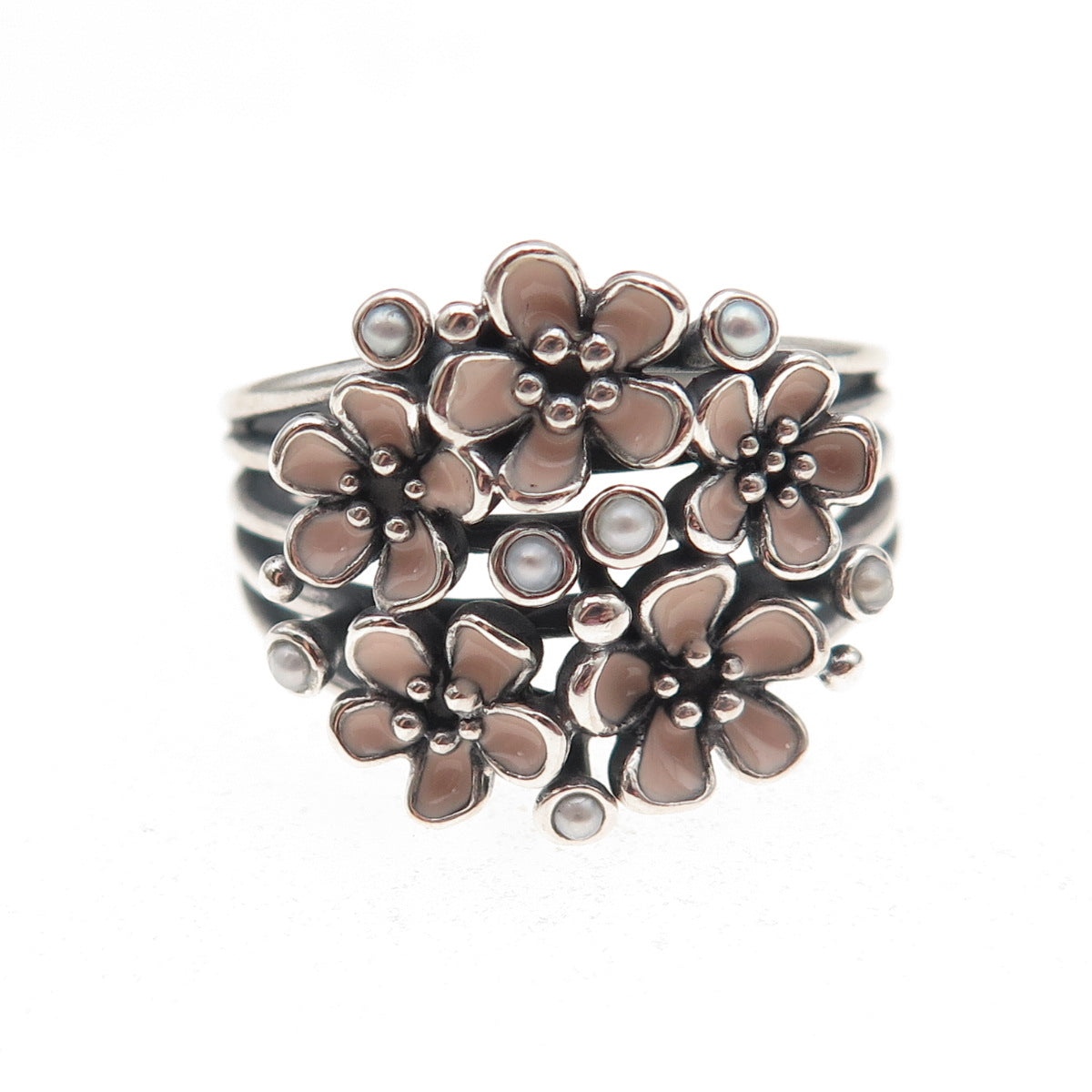 Pandora Sterling Silver Enamel Real Pearl Cherry Blossom Bouquet Ring Size 9.25