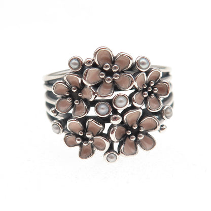 Pandora Sterling Silver Enamel Real Pearl Cherry Blossom Bouquet Ring Size 9.25