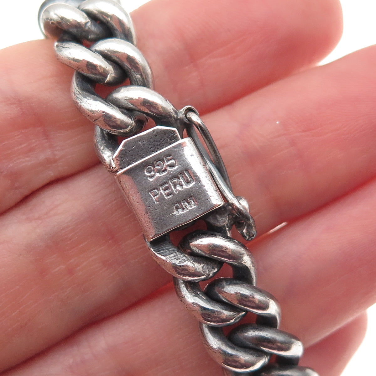 925 Sterling Silver Vintage Peru Cuban Link Oxidized Bracelet 7"