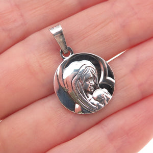 925 Sterling Silver Vintage Italy St Mary & Jesus Oxidized Charm Pendant