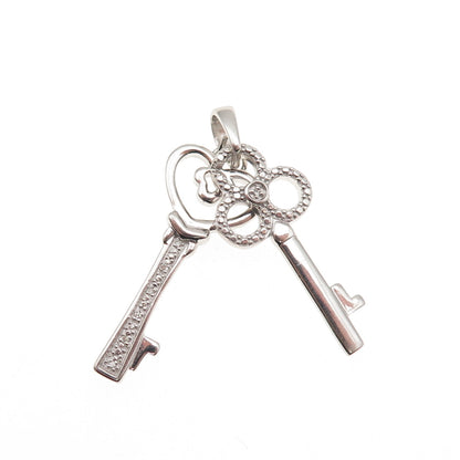 925 Sterling Silver Real Round-Cut Diamond Heart & Club Key Charm Pendant