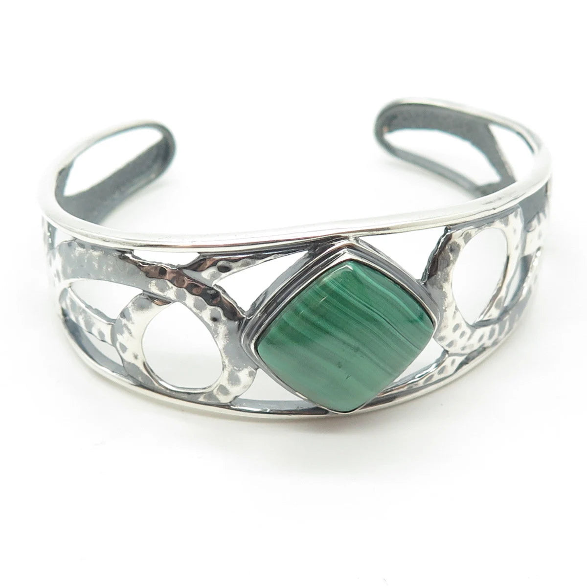 925 Sterling Silver Vintage Malachite Gem Hammered Finish Cuff Bracelet 6.75"
