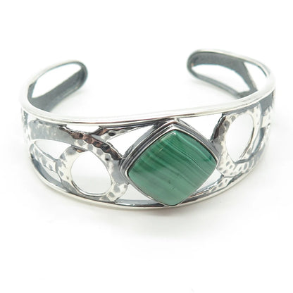 925 Sterling Silver Vintage Malachite Gem Hammered Finish Cuff Bracelet 6.75"