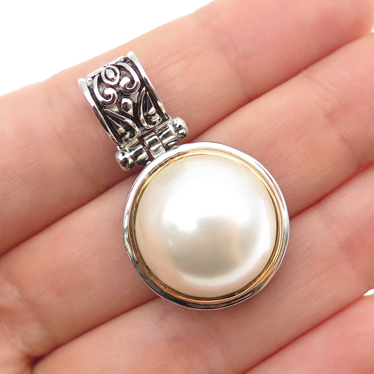 FD Felicia Design 925 Sterling Silver Faux Pearl Oxidized Charm Pendant
