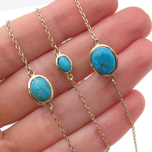 Tehya Oyama 925 Sterling Gold Plated Real Turquoise Station Chain Necklace 36"