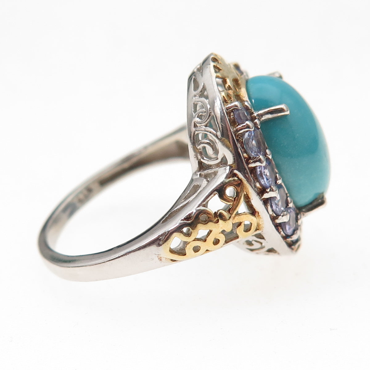 Chuck Clemency Sterling Silver 2-Tone Real Turquoise & Tanzanite Ring Size 8.25