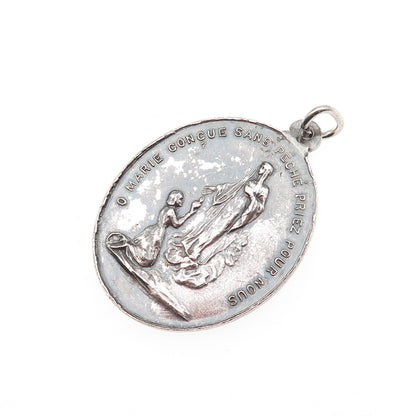 925 Sterling Silver Antique Art Deco St. Mary Religious Medal Oxidized Pendant