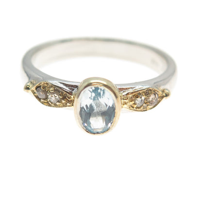 925 Sterling Silver 2-Tone Real Diamond & Blue Topaz Ring Size 8