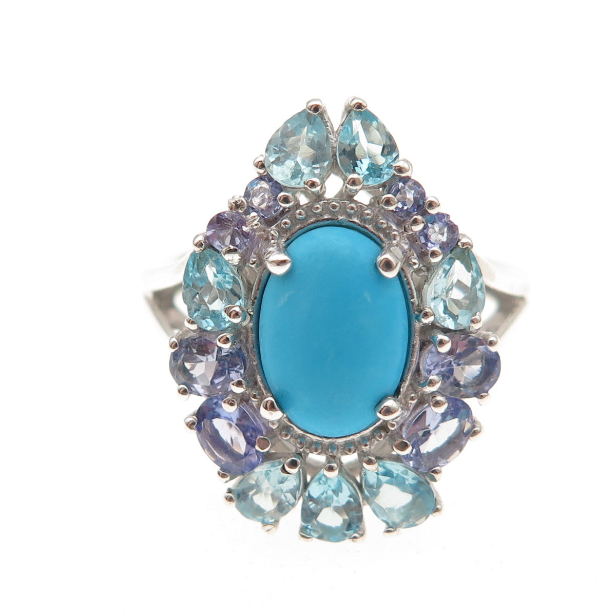 Chuck Clemency 925 Sterling Real Turquoise Aquamarine & Tanzanite Ring Size 8.25