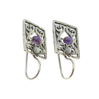 925 Sterling Silver Vintage Real Mother-of-Pearl & Amethyst Gem Ornate Earrings