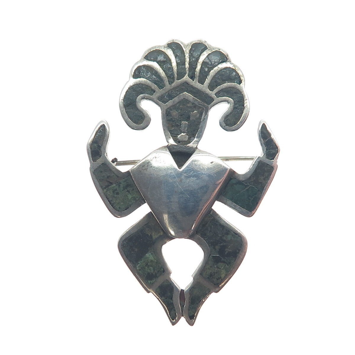 925 Sterling Silver Vintage Mexico Real Chrysocolla Inlay Aztec Warrior Brooch