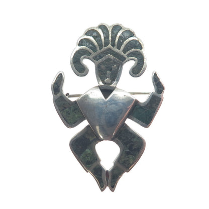 925 Sterling Silver Vintage Mexico Real Chrysocolla Inlay Aztec Warrior Brooch
