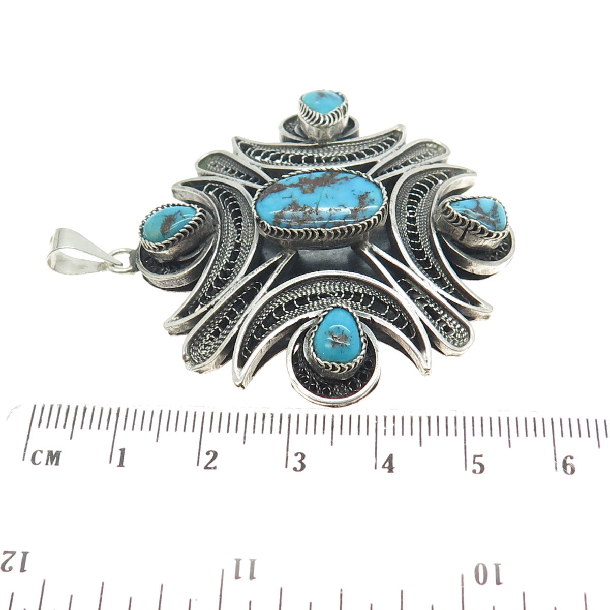 800 Silver Vintage Egypt Real Morenci Turquoise Filigree Pendant