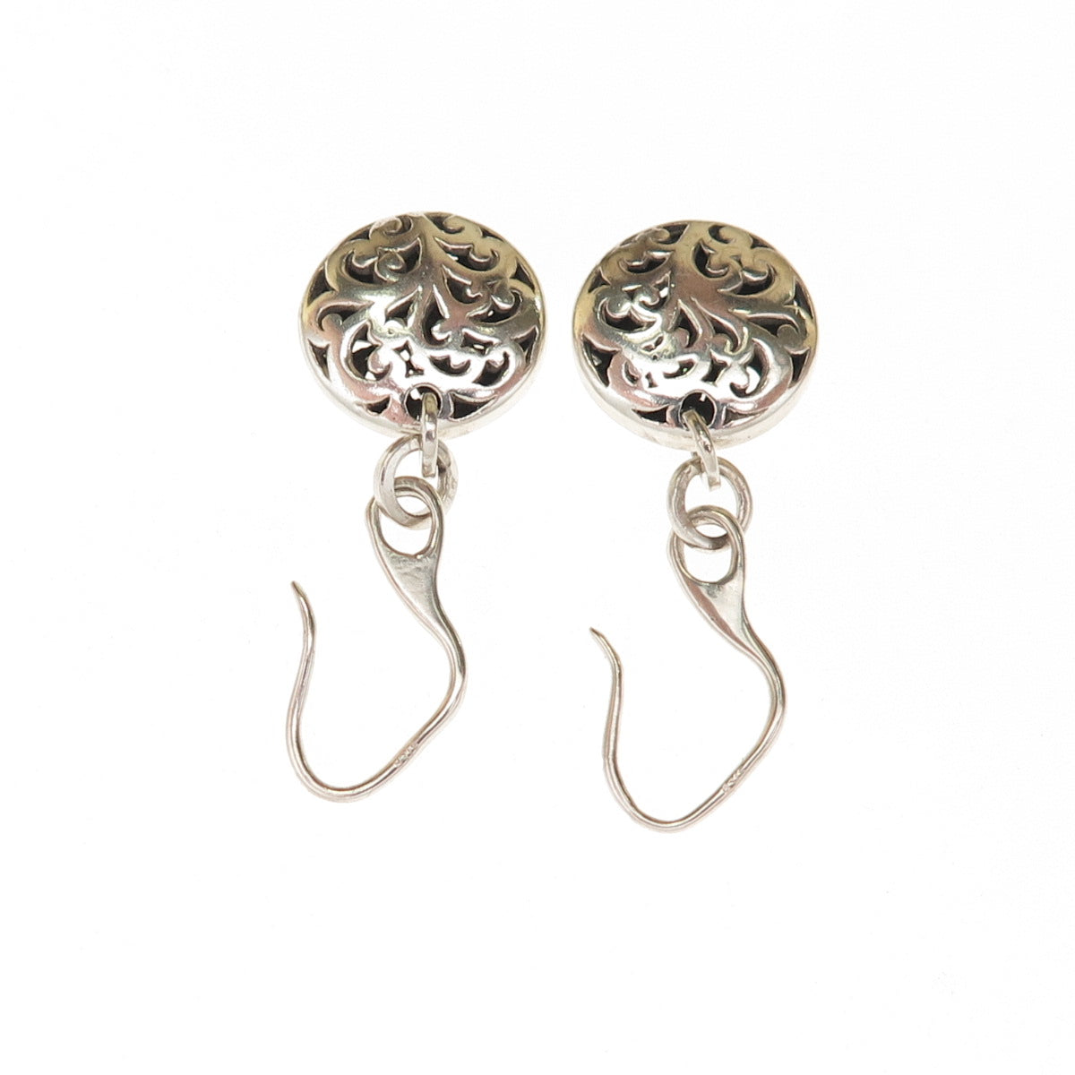 925 Sterling Silver Vintage Floral Scroll Disc Dangle Earrings