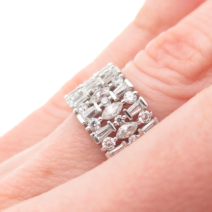 925 Sterling Silver Marquise Round & Tapered Baguette-Cut C Z Ring Size 5.25