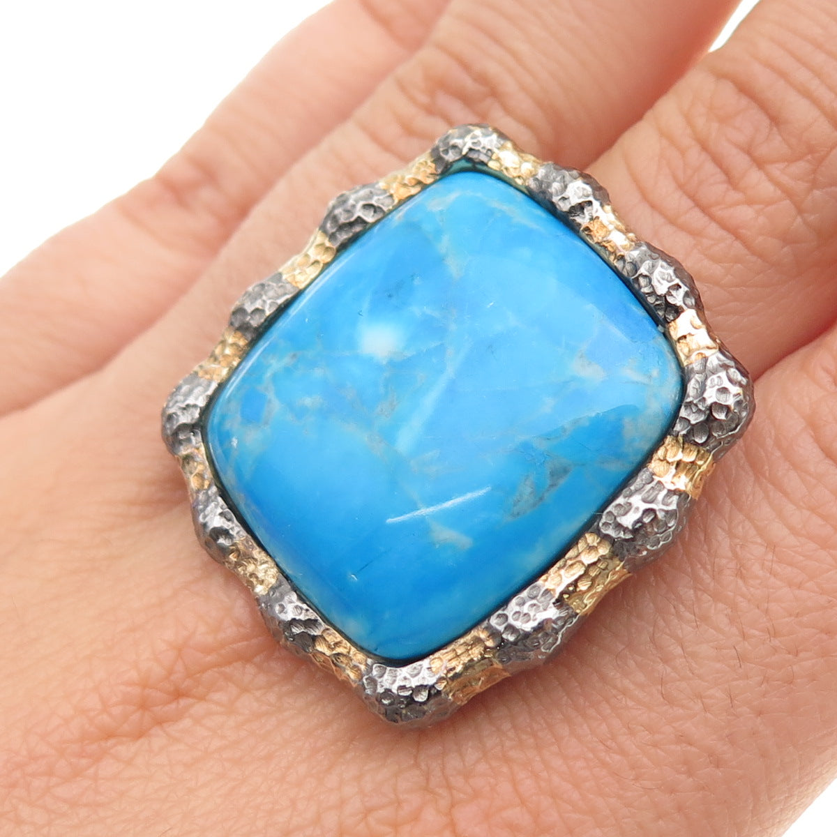 925 Sterling Silver Gold Plated Faux Turquoise Statement Ring Size 8