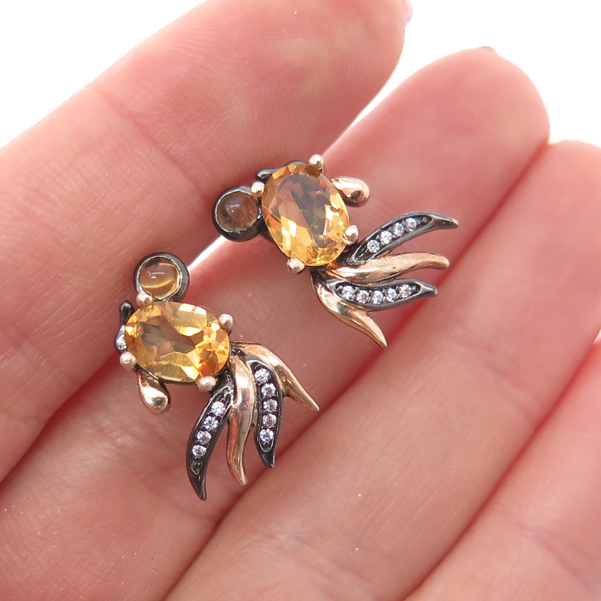 925 Sterling Silver Black Rhodium 2-Tone Vintage Real Citrine & C Z Earrings