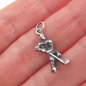 925 Sterling Silver Vintage Hockey Player Oxidized 3D Mini Charm Pendant
