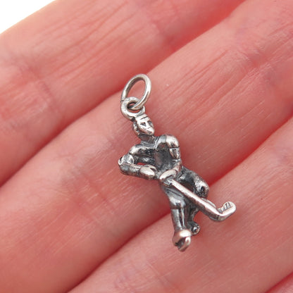 925 Sterling Silver Vintage Hockey Player Oxidized 3D Mini Charm Pendant