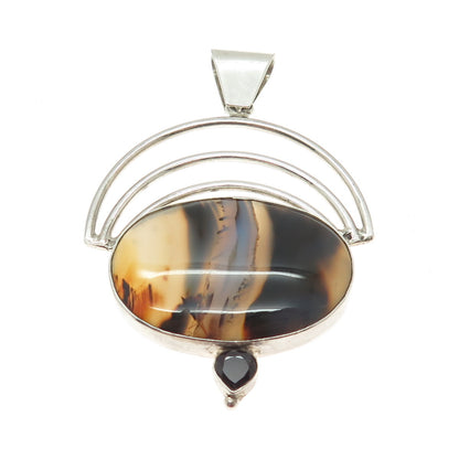 925 Sterling Silver Vintage Picture Agate & Red Garnet Gem Modernist Pendant