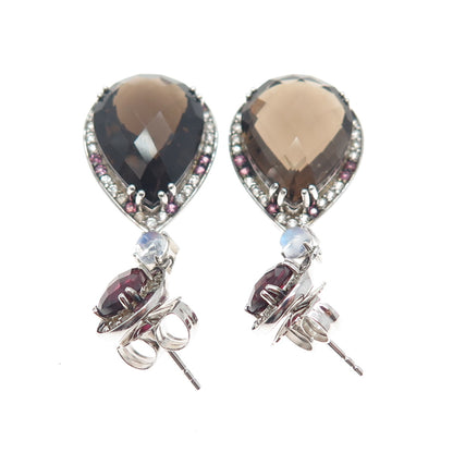 925 Sterling Silver Real Smoky Quartz Topaz Tourmaline Moonstone Dangle Earrings