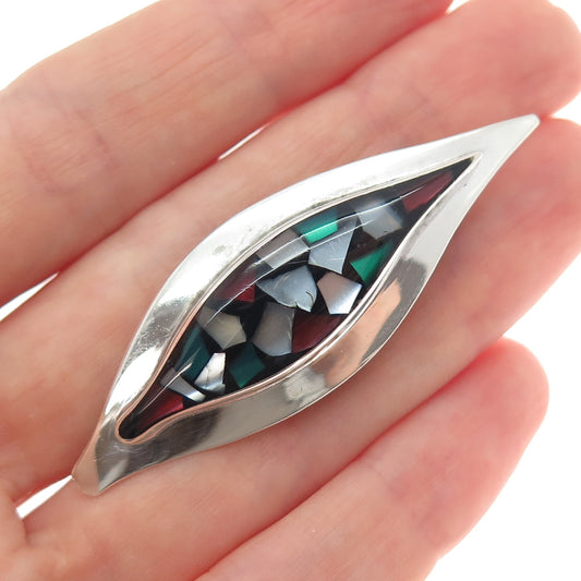 925 Sterling Silver Vintage Israel Real Multi-Color MOP Inlay Modernist Brooch
