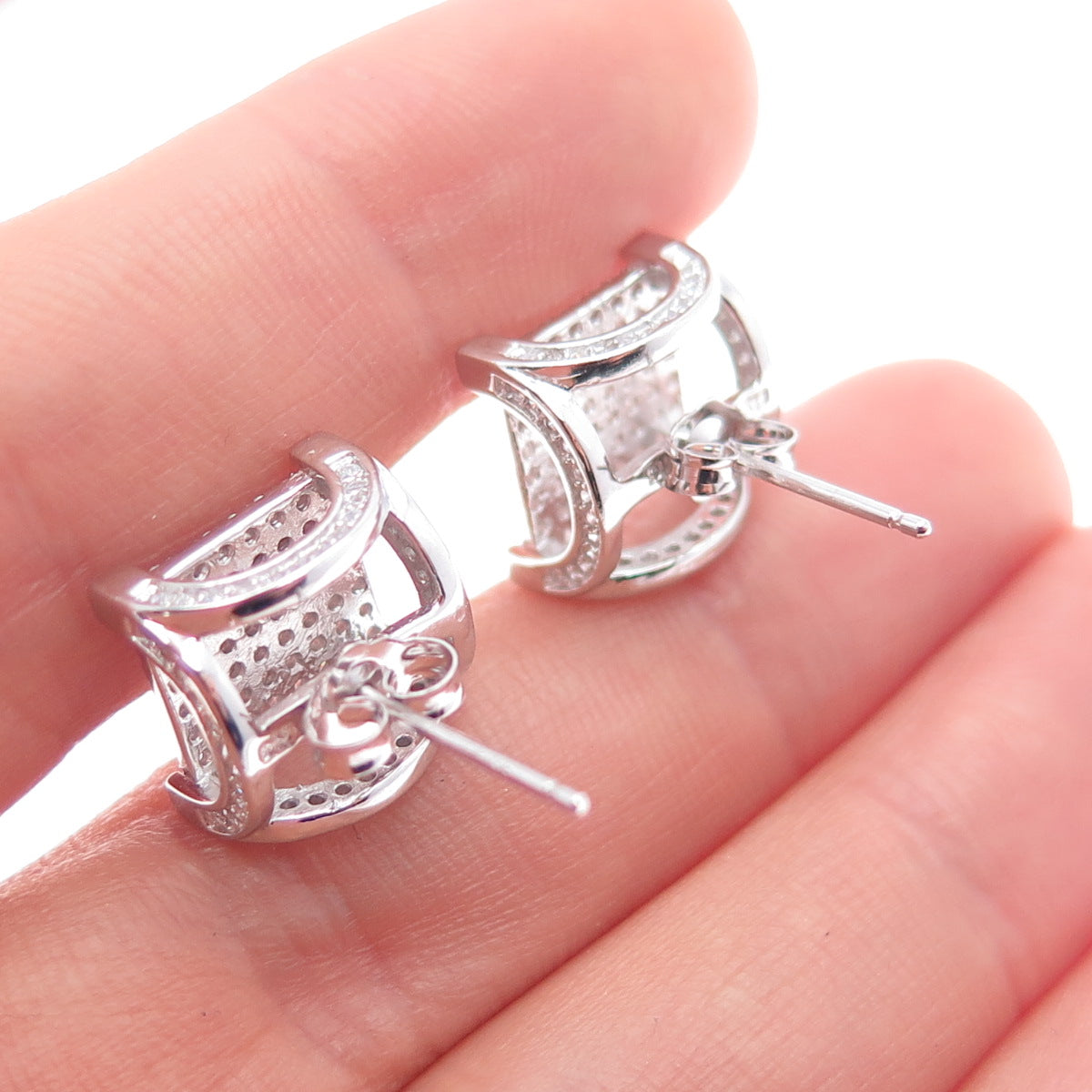 925 Sterling Silver Round-Cut C Z Arch Square Stud Earrings