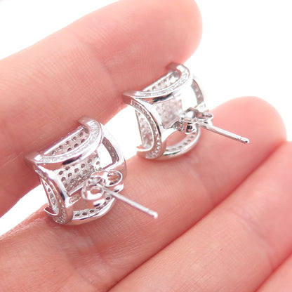 925 Sterling Silver Round-Cut C Z Arch Square Stud Earrings
