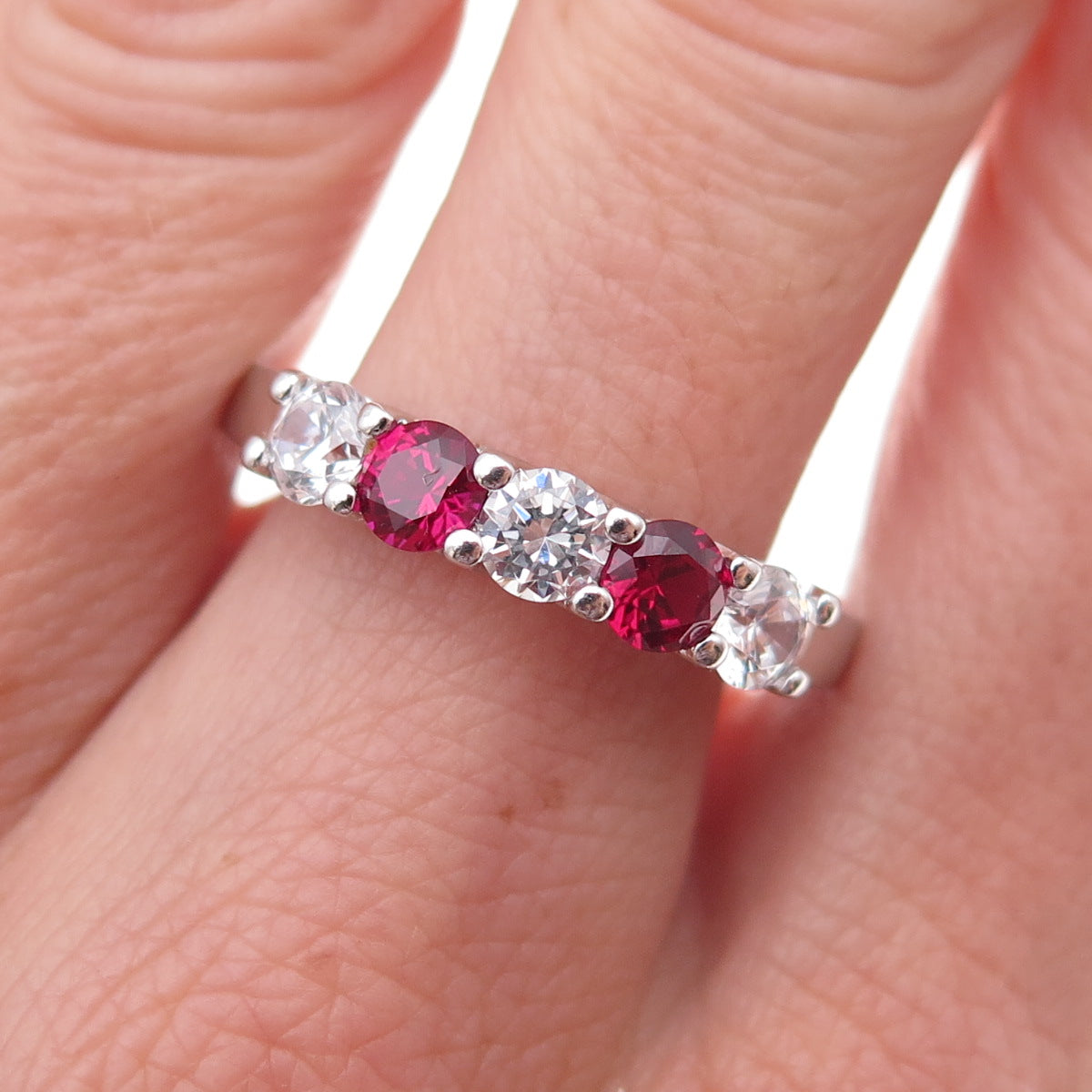925 Sterling Silver Round-Cut Lab-Created Ruby & C Z Ring Size 9.25