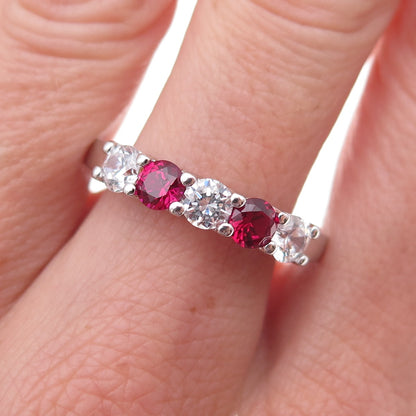 925 Sterling Silver Round-Cut Lab-Created Ruby & C Z Ring Size 9.25