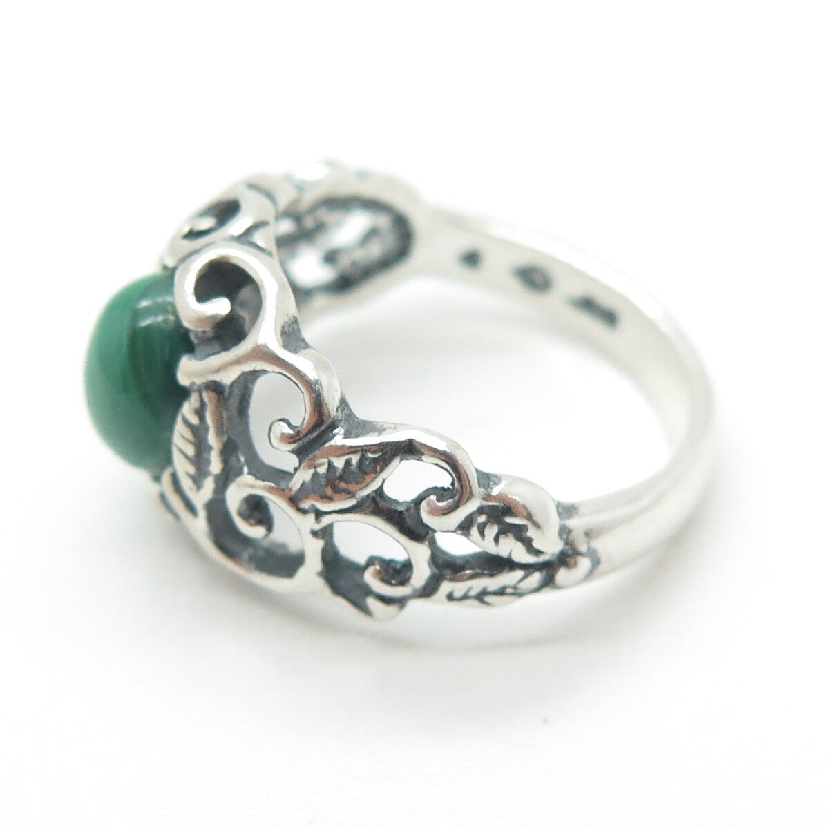 SHUBE 925 Sterling Silver Vintage Real Malachite Gem Leaf Swirl Ring Size 6.25