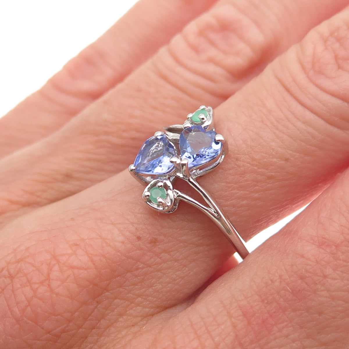 Chuck Clemency 925 Sterling Silver Real Tanzanite & Emerald Heart Ring Size 7.25